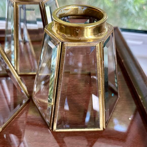 Set of 4 Faceted Glass & Brass Lamp Shades – 2” Fitter, 6-Panel Design - Picture 2 of 12